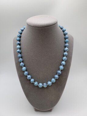 Blue Purple Marbled Glass Bead Necklace Pearlescent Hand Knotted Artisan 18”